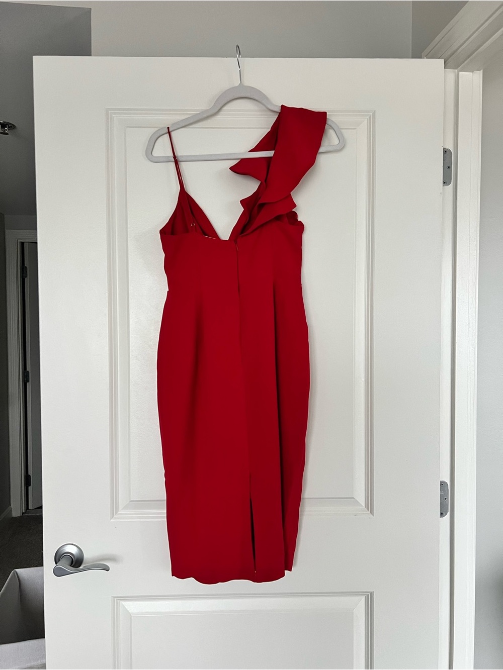 Red One-Shoulder Ruffle Midi Cocktail Dress - Picture 2 of 6